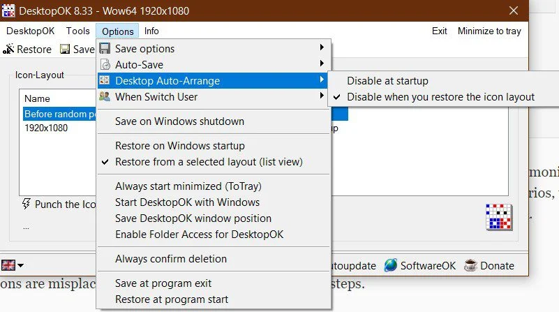 Image showing DesktopOK used to Lock icons on the desktop.