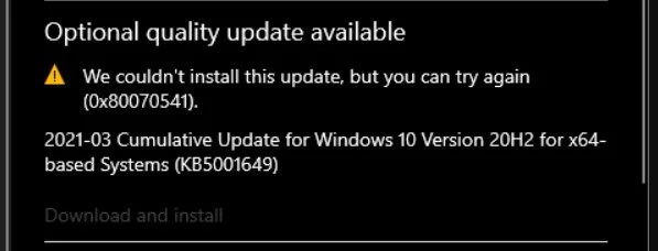 KB5001649 Failing to Install with 0x80070541 1 KB5001649 0x8005741