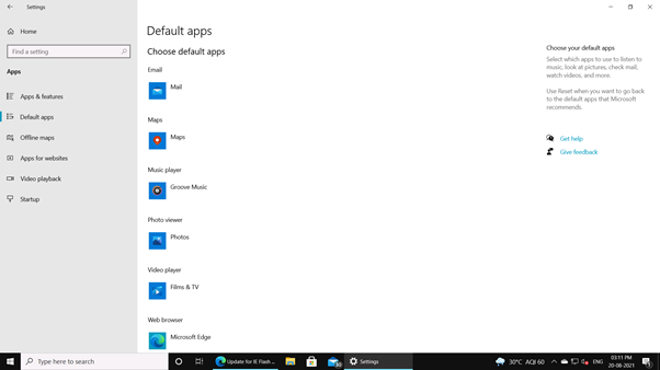 windows default apps