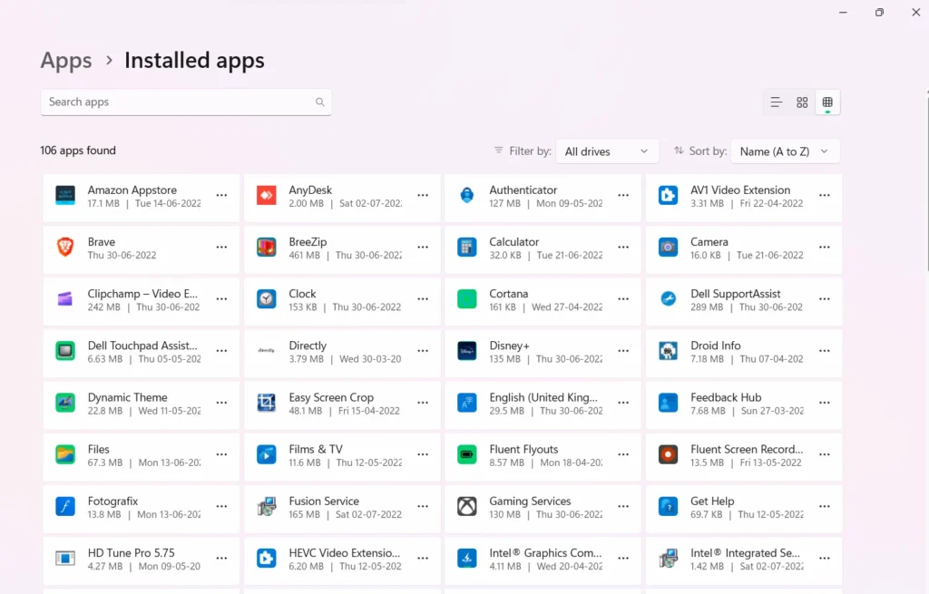 Settings Apps Grid view