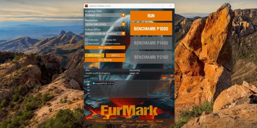 Furmark stress test GPU software home screen.