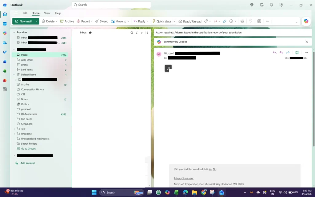 Outlook New Home page