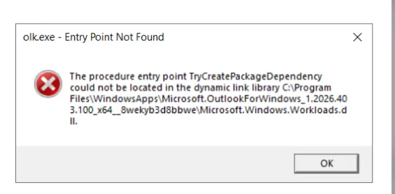 olk.exe entry point not found error in new Outlook
