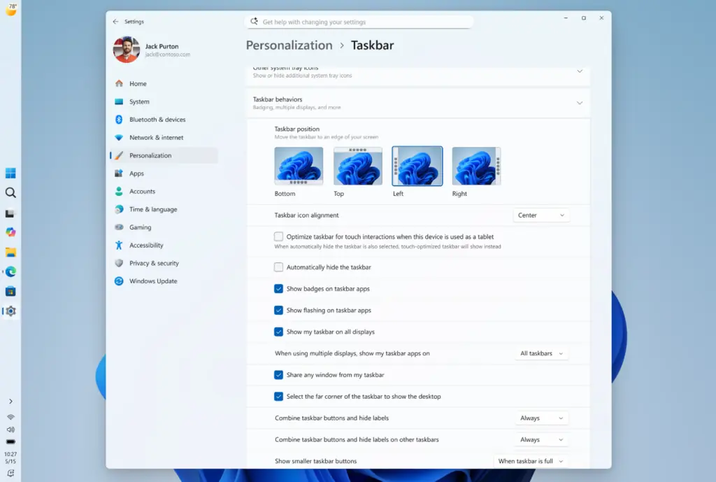 Vertical taskbar in Windows 11 settings