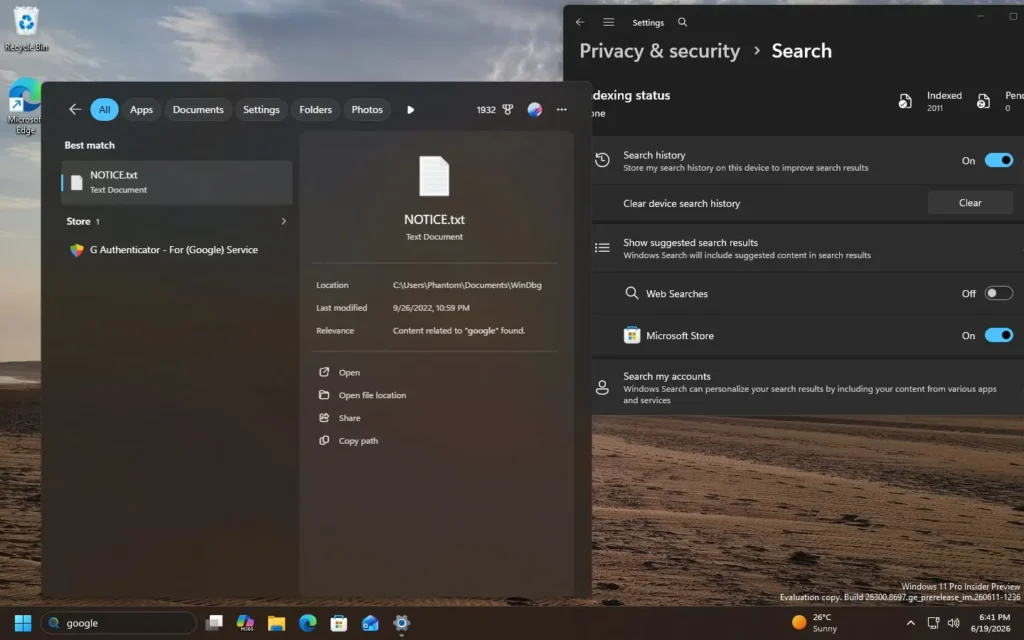 Disable web search in Windows 11 settings