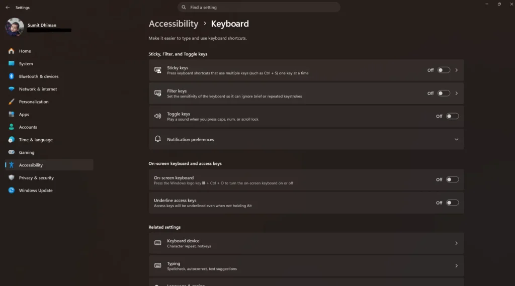 how to Disable sticky keys in Windows 11 using Settings app