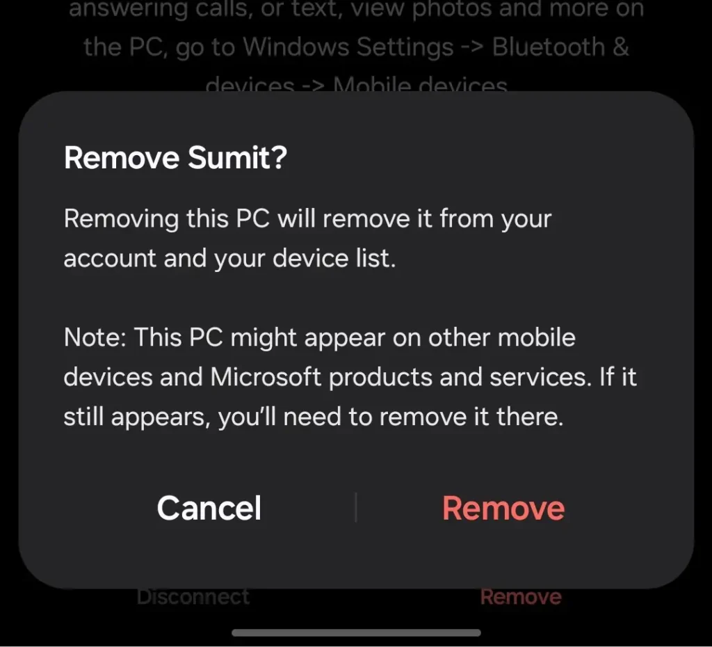 Remove device in the Phone link app