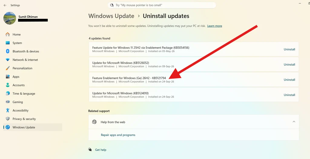Uninstall Windows 11 26H2 enablement package