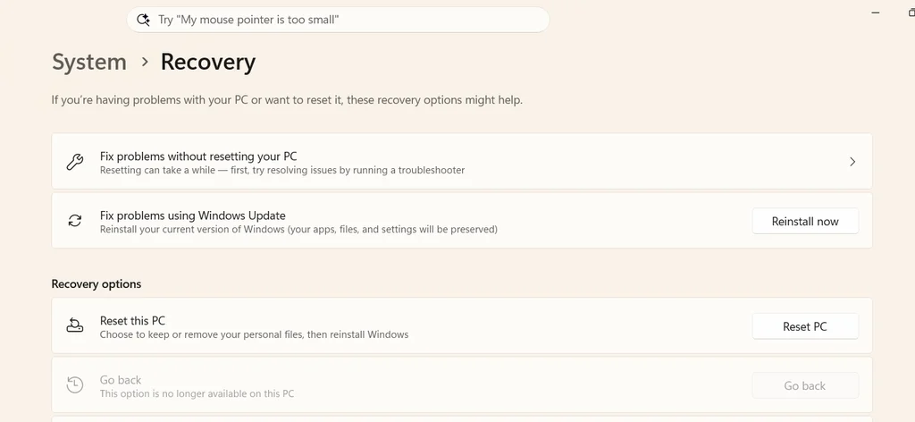 Go back to the previous version of windows seen but greyed out
