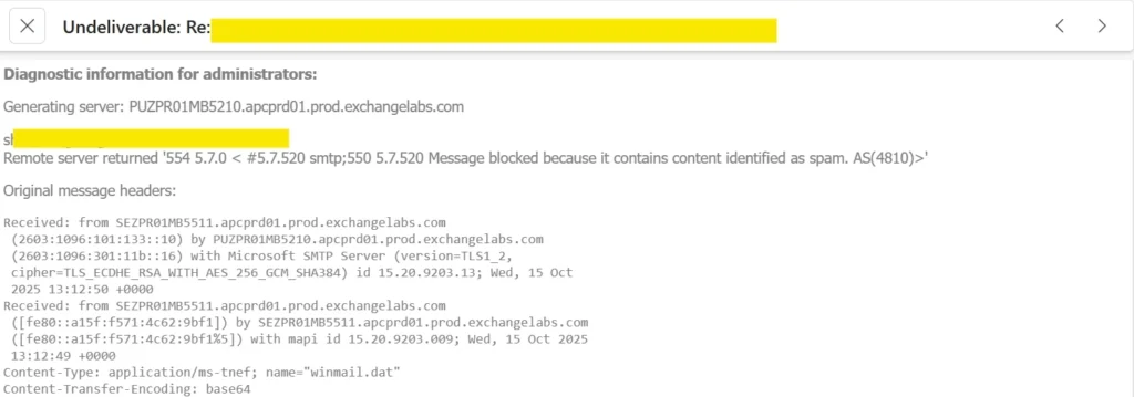 550 5.7.520 Message Blocked Error  Credits learn.microsoft.com